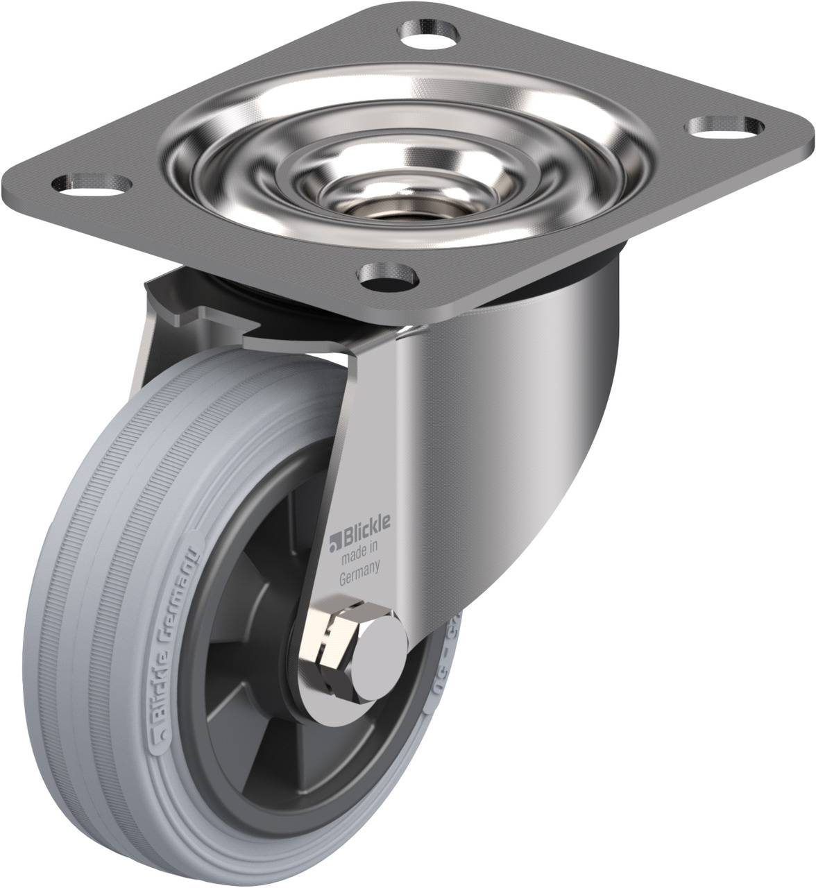 Industrie-Schwenkrolle mit grauem Rad und silbernem Metallgehäuse. Geeignet für Transportwagen und Maschinen.