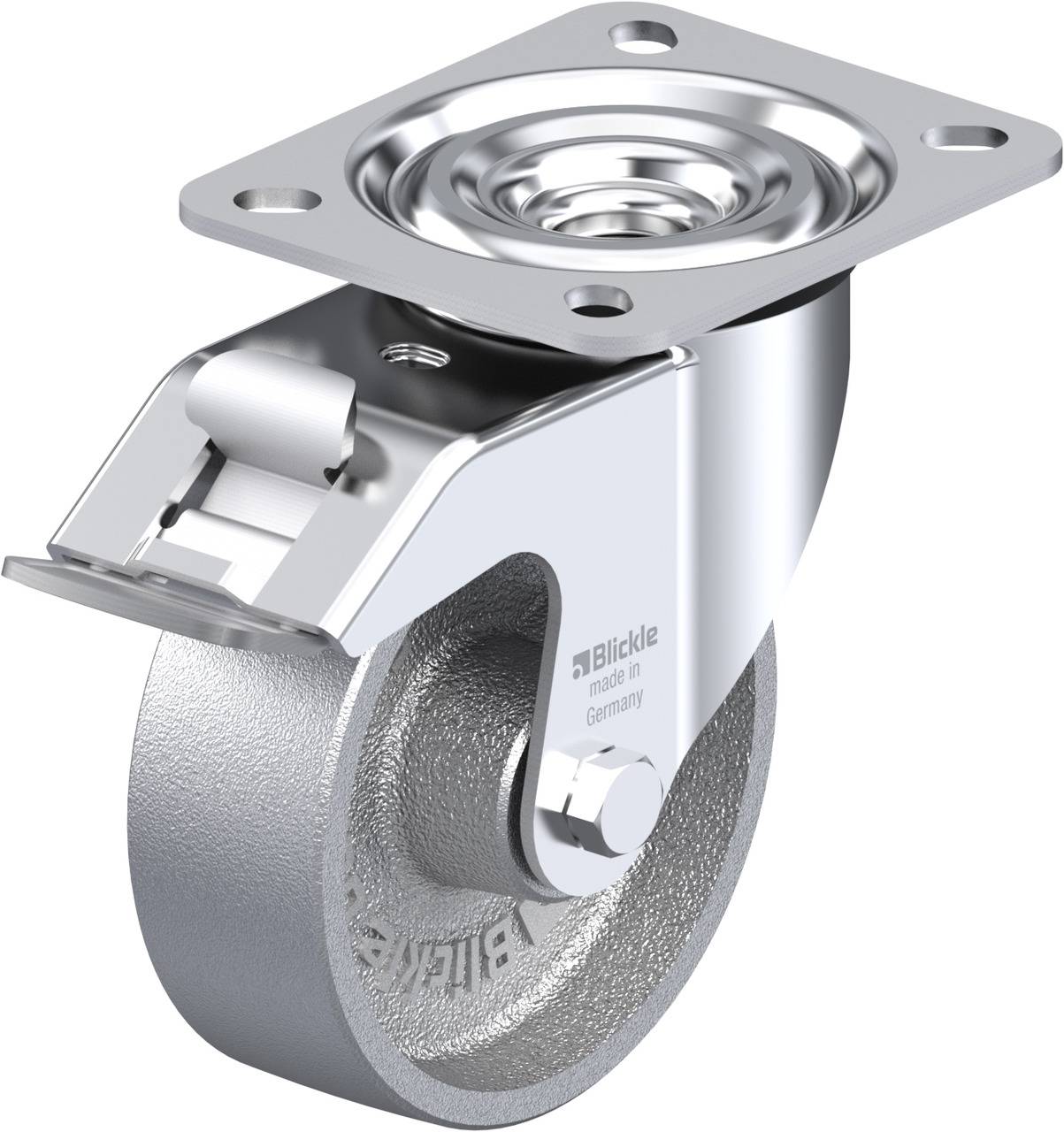 Schwenkrolle aus Metall mit Befestigungsplatte; für Transportgeräte, belastbar, glänzendes Finish.