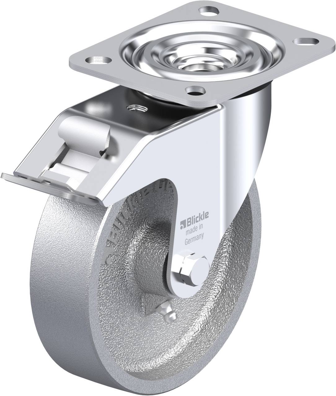 Metallrolle mit drehbarem Gehäuse und Halteplatte, geeignet für Möbel oder Industrieanwendungen, Produkt von 'Blickle'.