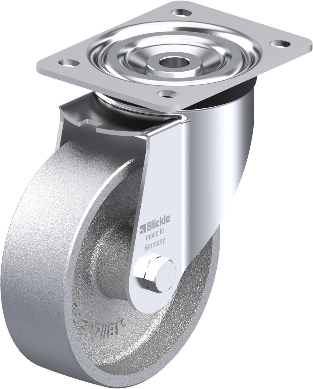Schwenkrolle mit Metallrad und Befestigungsplatte; Produkt von Blickle, hergestellt in Deutschland. Ideal für Lasttransporte.
