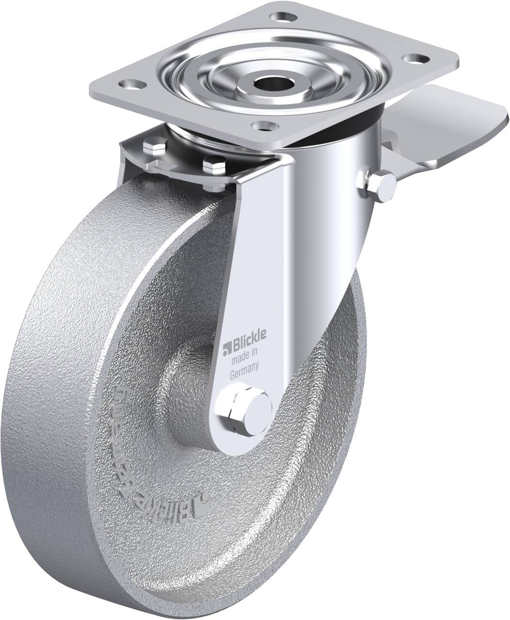 Metallisches Lenkrolle mit Halterung, geeignet für schwere Lasten. Die Aufschrift auf der Rolle lautet 'Blickle made in Germany'.