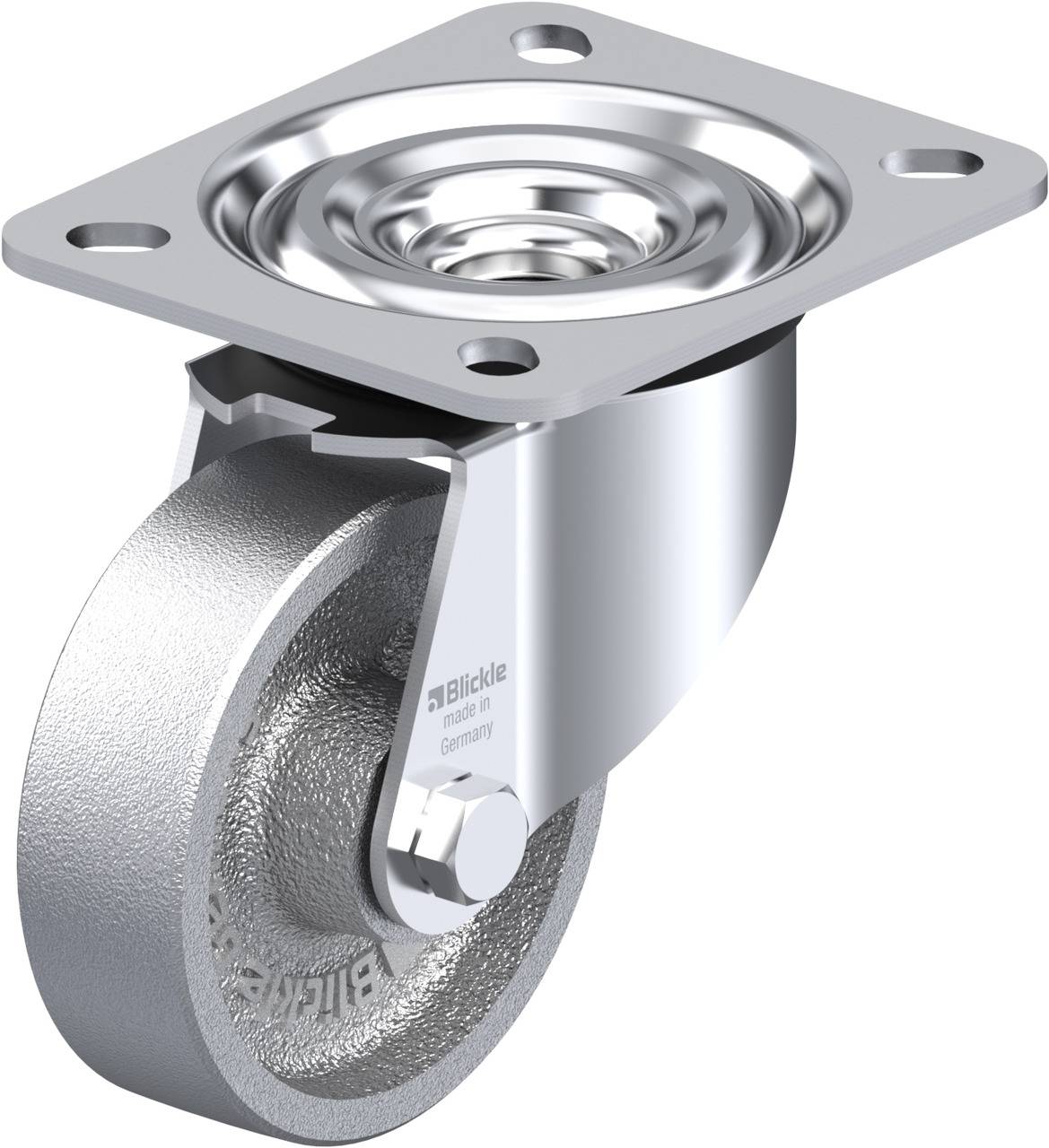 Schwenkrolle aus Metall mit silbernem Gehäuse, Kugellager und rechteckiger Befestigungsplatte.