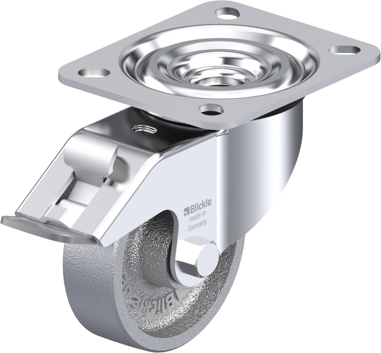 Eine drehbare Lenkrolle aus Metall mit Befestigungsplatte und integriertem Bremssystem, hergestellt von der Marke Blickle.