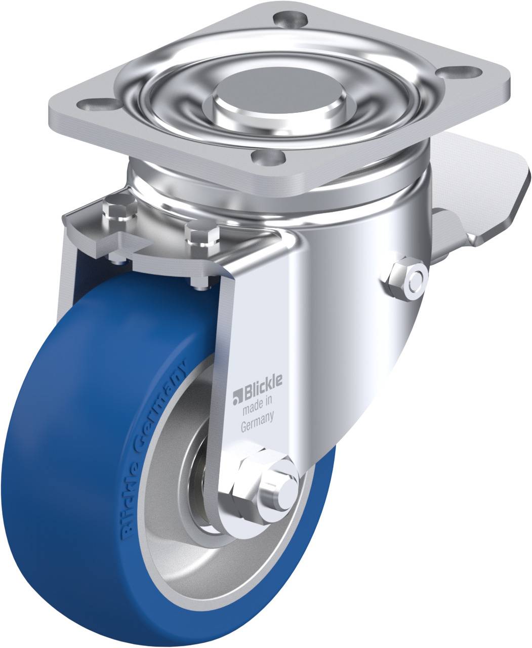 Rolle mit blauem Rad, silbernem Gehäuse und Aufhängung. Text: 'Blickle made in Germany' auf der Halterung.