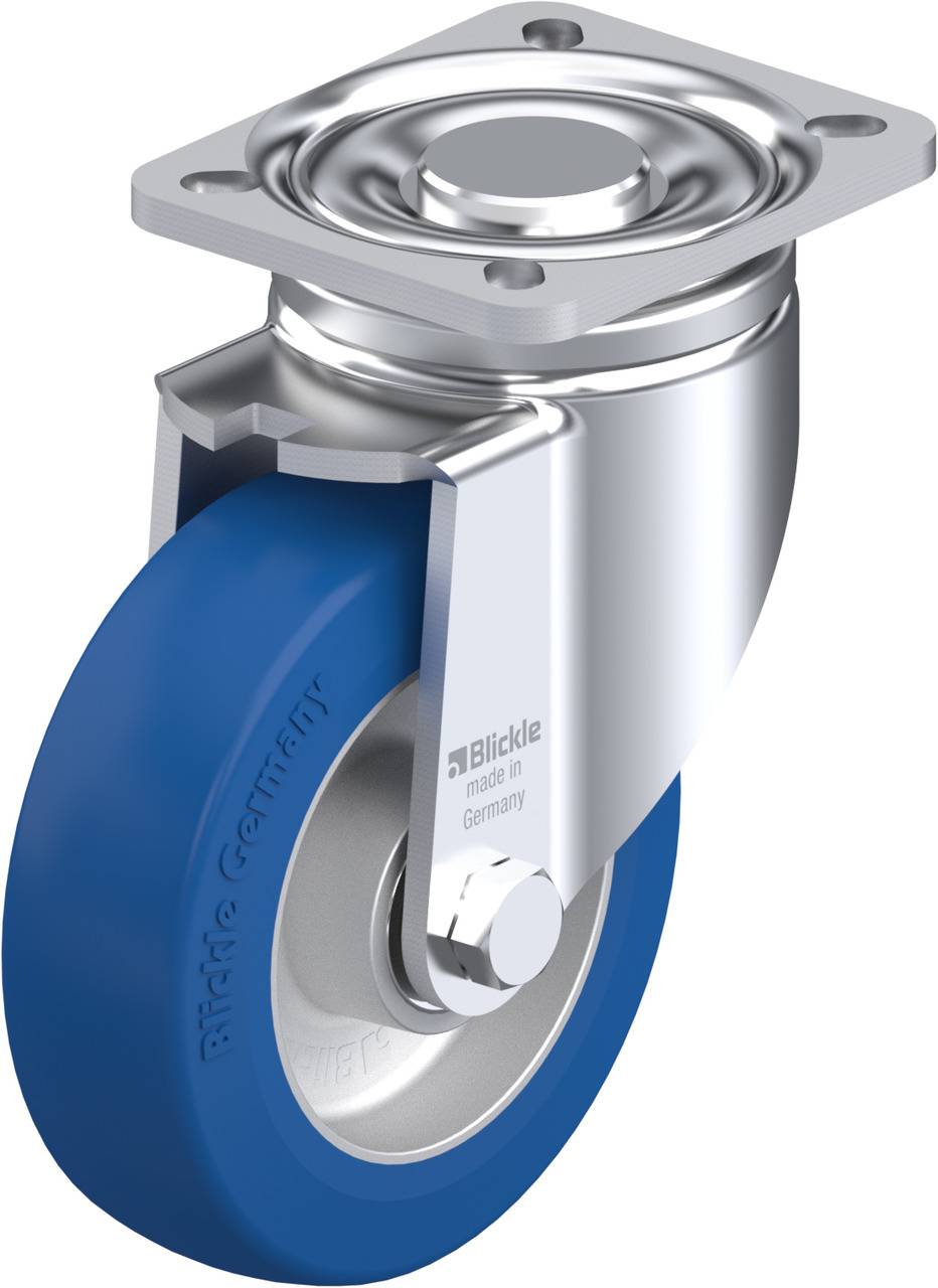 Metallenes Möbelrad mit blauer Gummilauffläche, montiert auf einer Stahlplatte. Entwickelt für einfache Bewegung und Stabilität.
