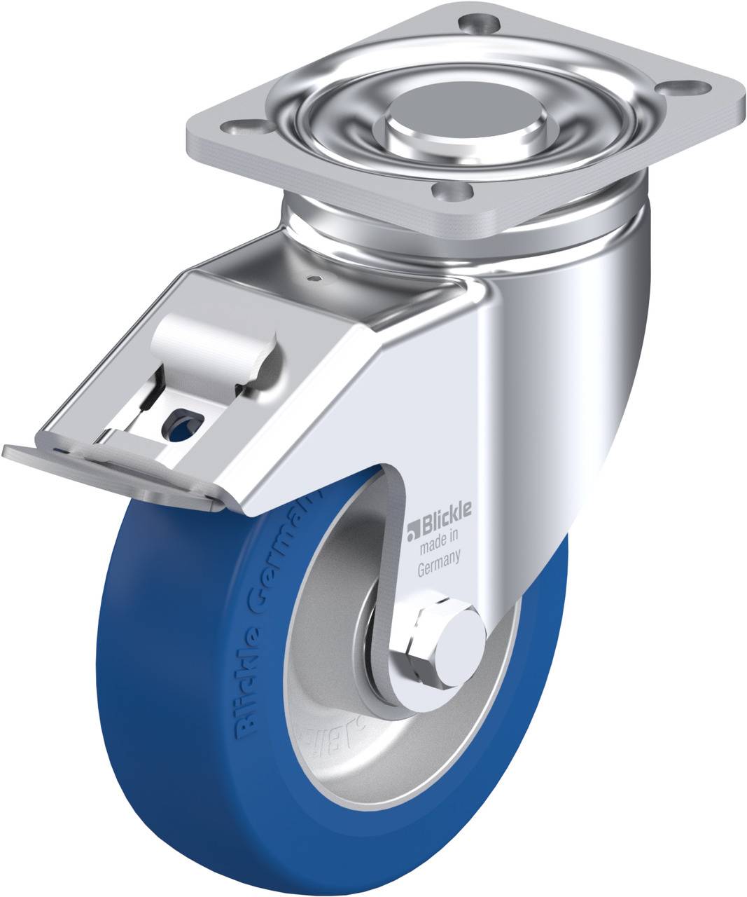 Metall-Lenkrolle mit blauem Rad, Montageplatte oben, geeignet für Möbel oder Transportgeräte.