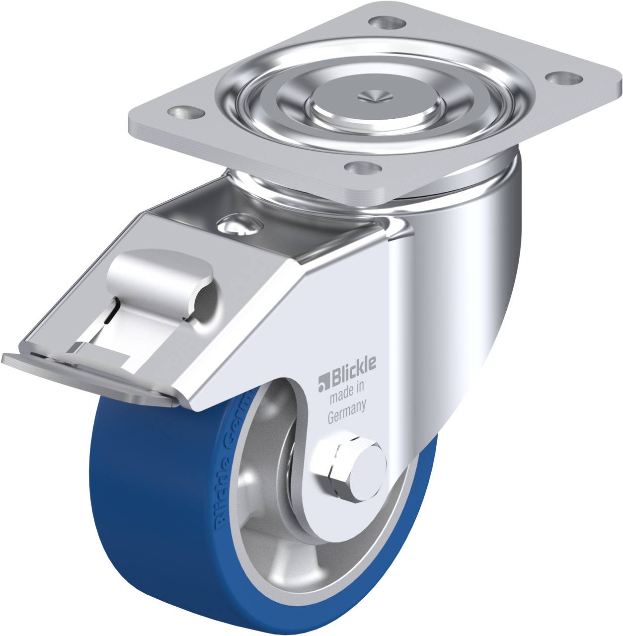 Industrie-Lenkrolle mit blauer Polyurethan-Lauffläche, Metallgehäuse und Befestigungsplatte. Geeignet für schwere Lasten.