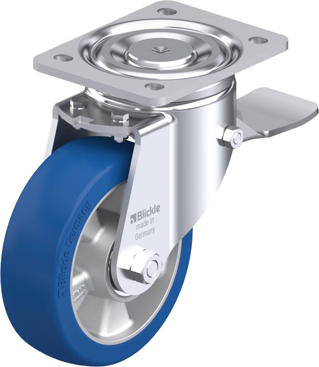Schwenkrolle aus Metall mit blauer Kunststofflauffläche und Anschraubplatte, spezifische Textbeschriftung auf der Seitenfläche.