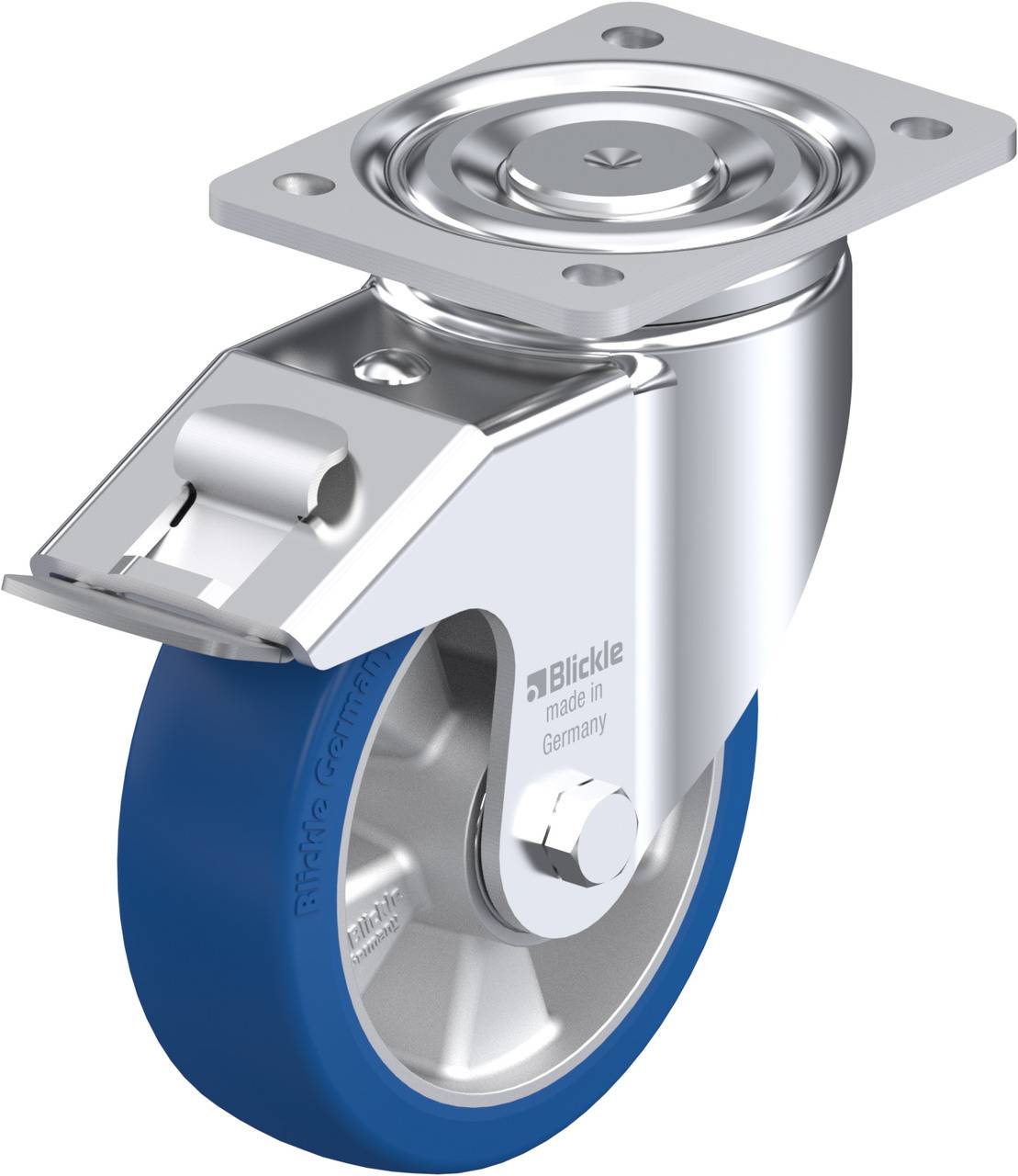 Ein drehbares Transportgerät mit einer blauen Rolle und einer Metallhalterung. Geeignet für vielseitige Anwendungen in Industrieumgebungen.