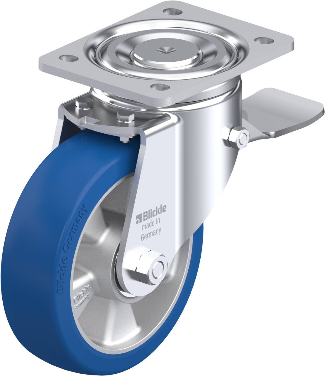 Eine schwenkbare Rolle mit blauer Gummilauffläche und Metallgehäuse, ideal für Transportgeräte. Aufschrift: 'Blickle made in Germany'.