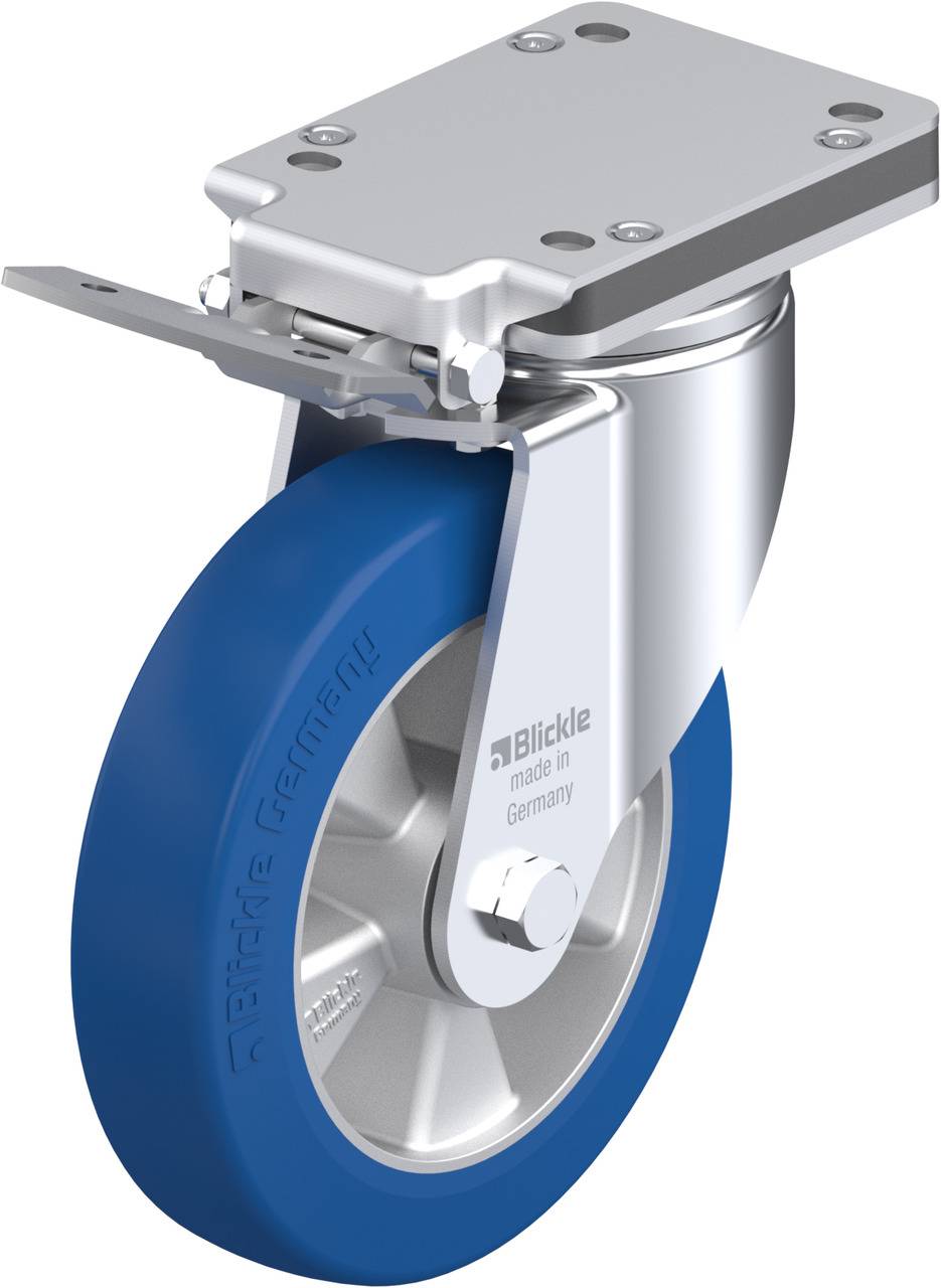 Industrie-Rolle mit blauem Gummi, silbernem Halterungssystem und drehbarer Platte. Geeignet für schwere Lasten und robuste Anwendungen.