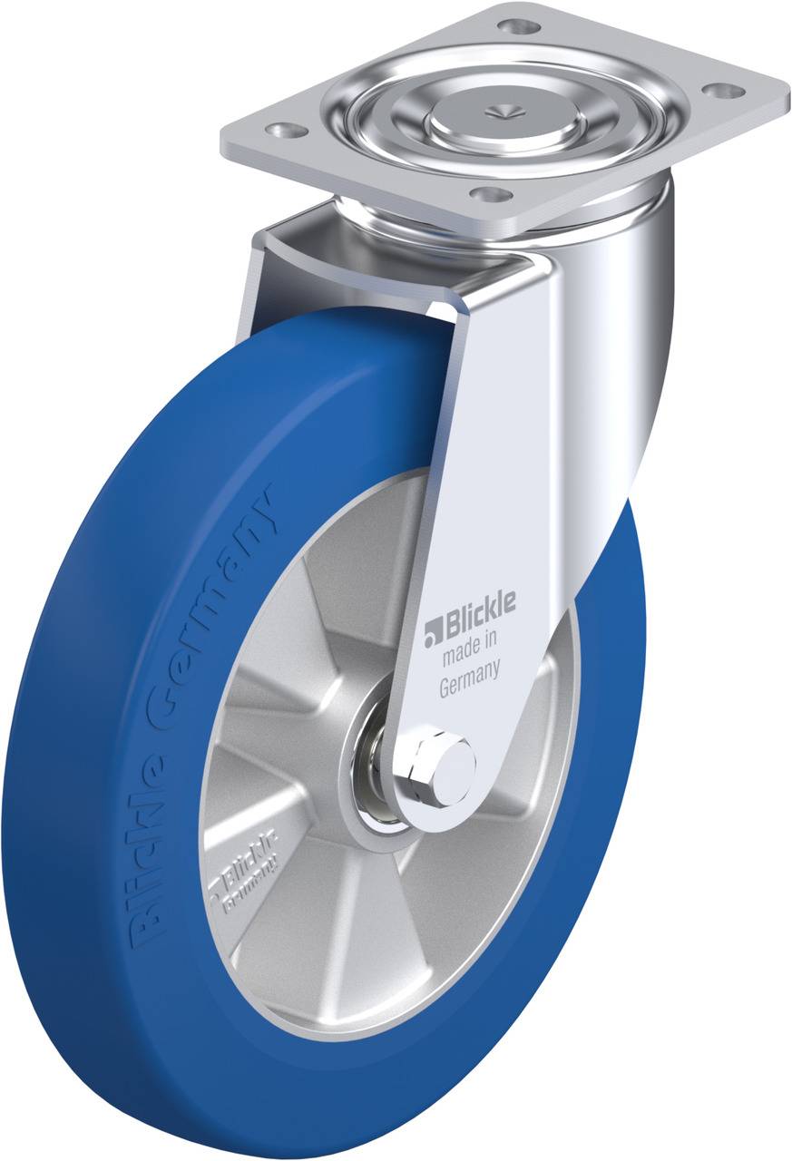 Industrie-Rolle aus Metall und blauem Gummi mit einem um 360 Grad drehbaren Befestigungsmechanismus. Beschriftet mit 'Blickle'.