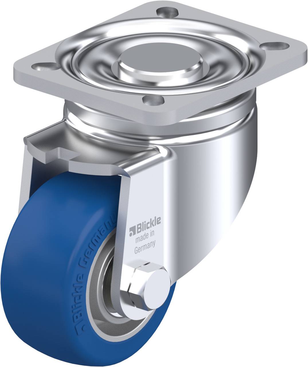 Schwenkrolle mit blauem Rad, silbernem Gehäuse und Befestigungsplatte. Aufschrift 'Blickle made in Germany' auf dem Gehäuse.