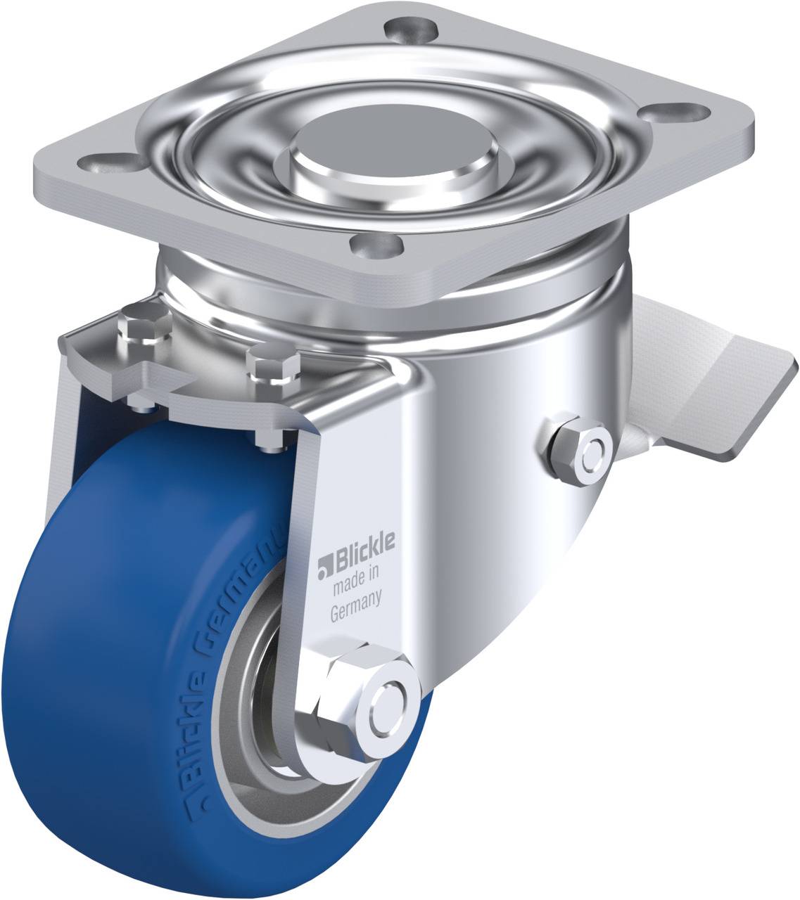 Metallisches Bockrollenrad mit blauem Rad und Befestigungsplatte, geeignet für Lastentransport.