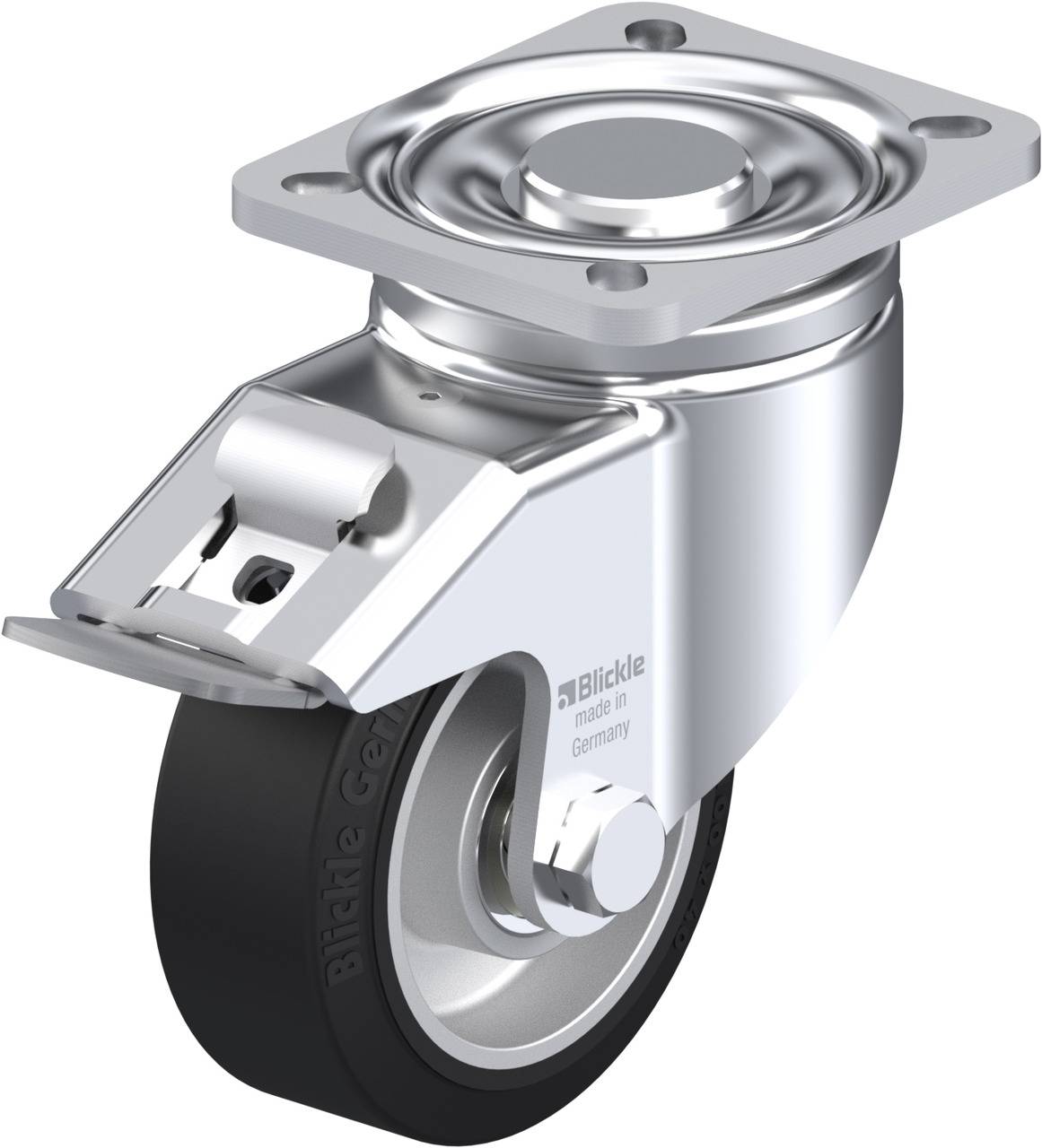 Schwenkrolle aus Metall mit schwarzem Rad und Bremse, montierbar mit oberer Befestigungsplatte. Geeignet für Möbel oder Geräte.