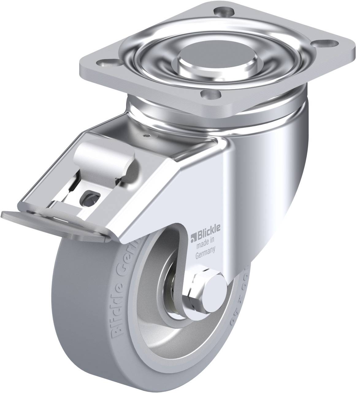 Schwenkrolle aus Metall mit grauem Rad und Befestigungsplatte in einem industriellen Design.