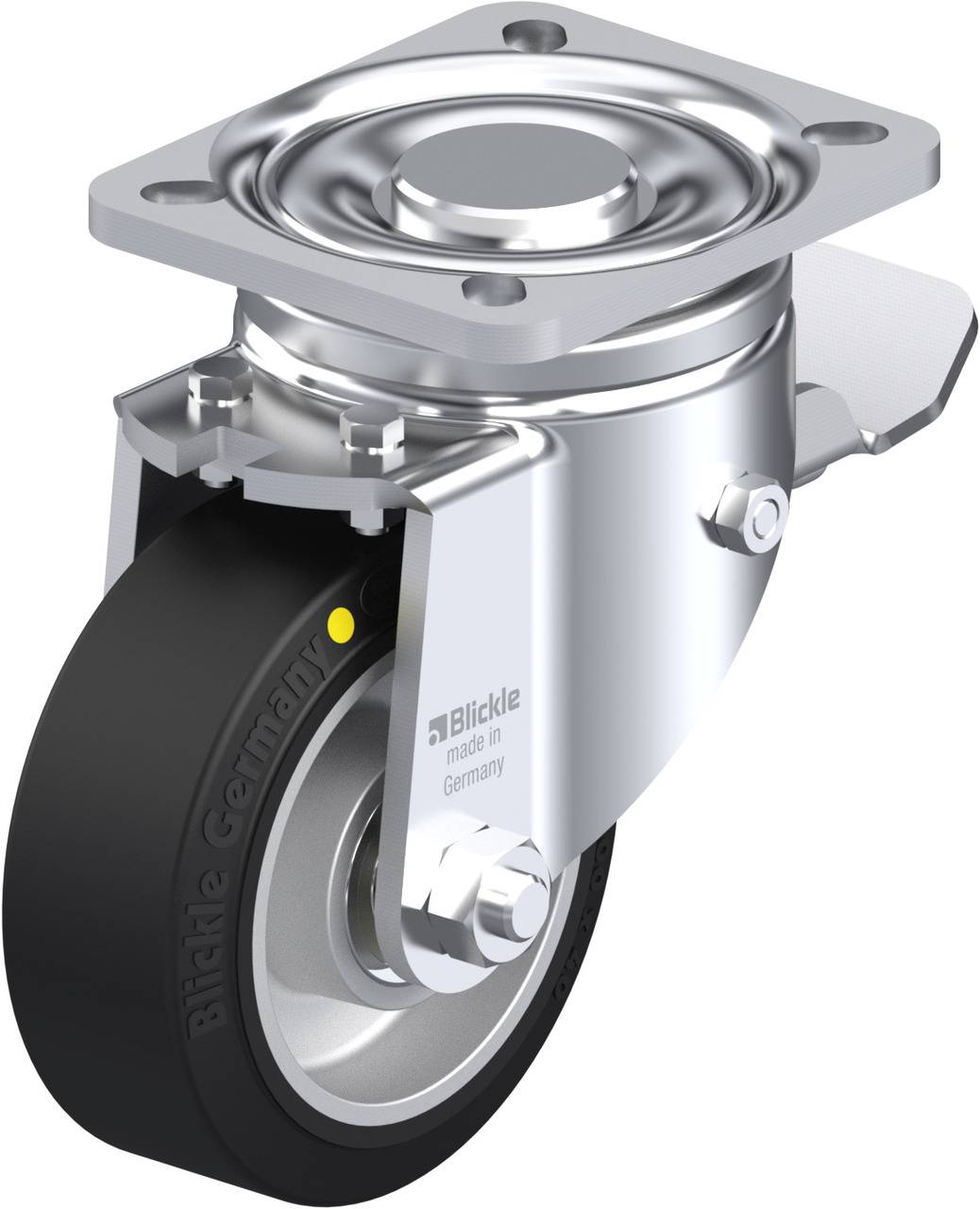 Industrie-Lenkrolle aus Metall mit schwarzem Rad, seitliche Befestigungsplatte. Geeignet für schwere Lasten und rauen Untergrund.