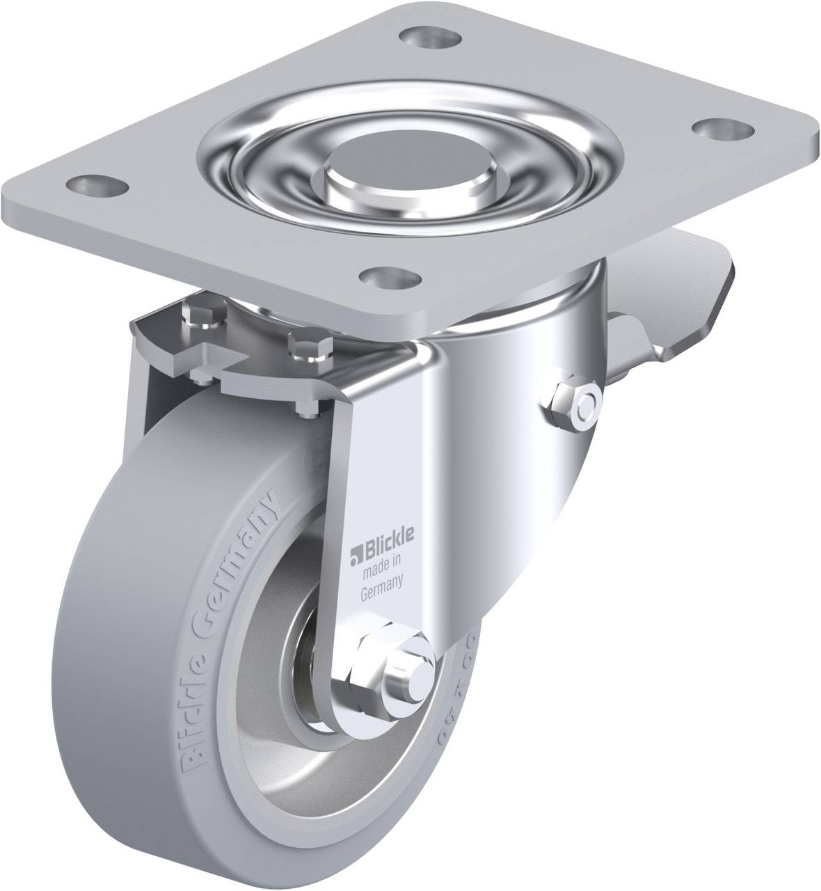 Abgebildet ist eine drehbare Lenkrolle mit grauem Rad und silberner Metallschwenkplatte, geeignet für Industriemaschinen.