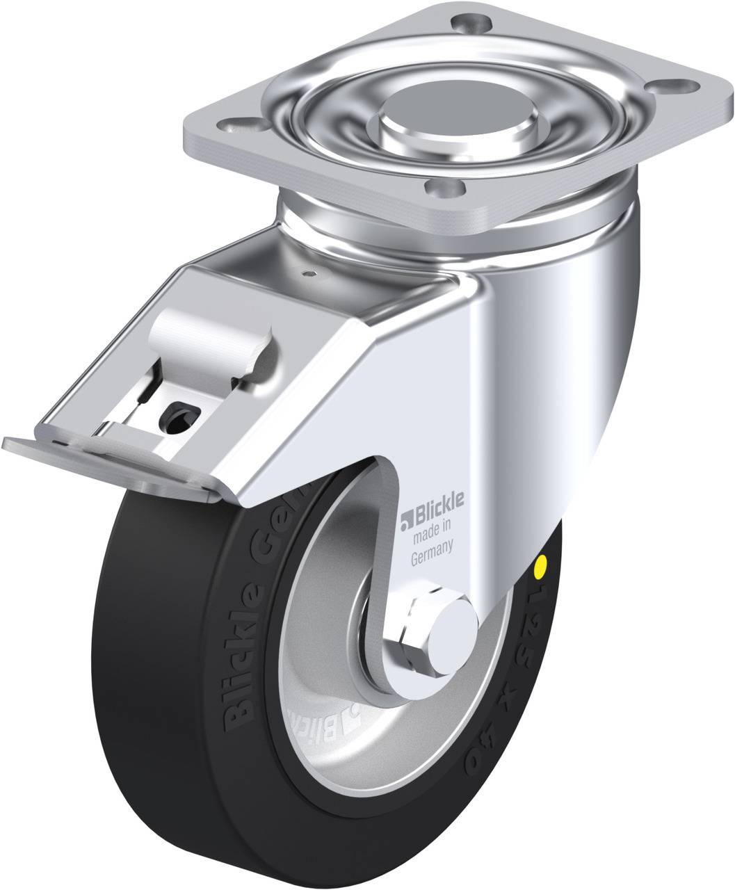 Eine schwenkbare Transportrolle aus Metall mit schwarzem Rad. Sie ist für Maschinen oder Möbel geeignet und ermöglicht flexible Bewegung.