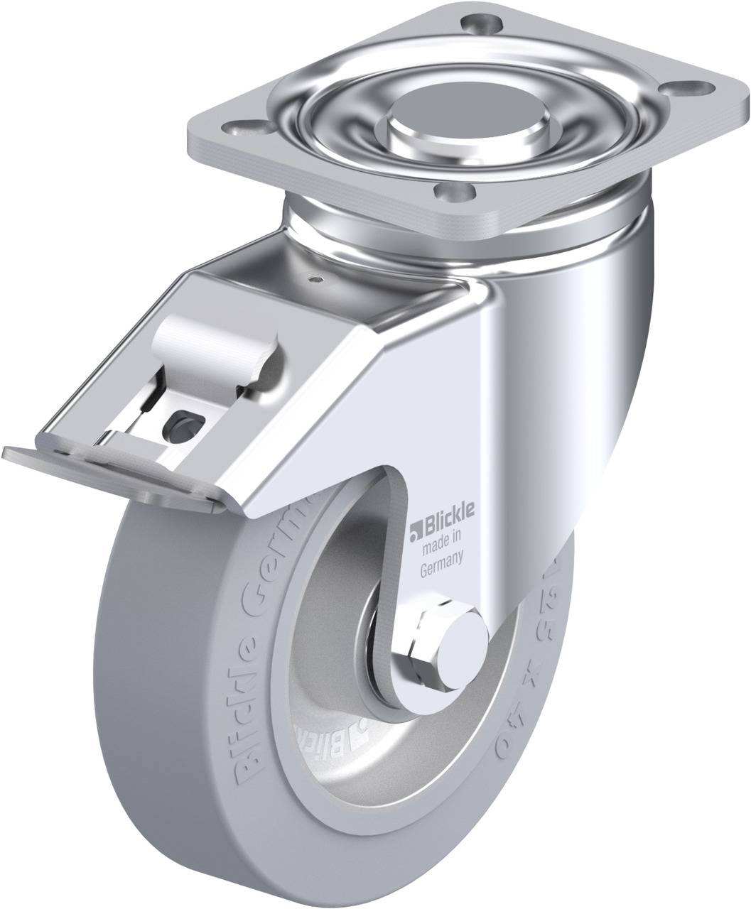 Ein schwenkbares Möbelrad aus Metall und Kunststoff, mit einem stabilen Gehäuse und drehbarer Achse, geeignet für den Einsatz an Möbeln.