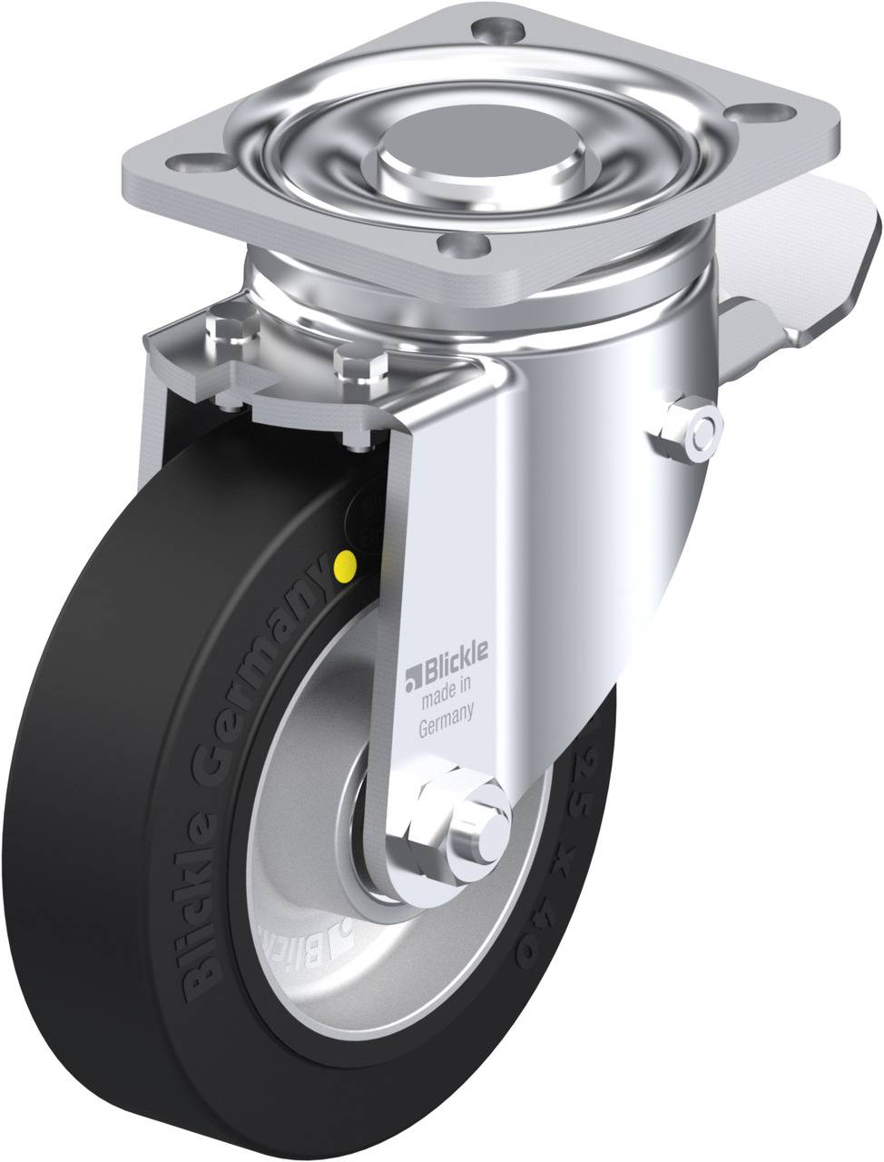 Schwenkrolle aus Edelstahl mit schwarzem Gummirad und einer Montageplatte, geeignet für vielseitige industrielle Anwendungen.