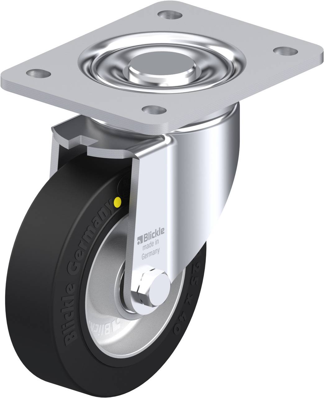 Rolle mit schwarzem Gummirad, silbernem Gehäuse und Befestigungsplatte. Markiert mit 'Blickle Germany'.