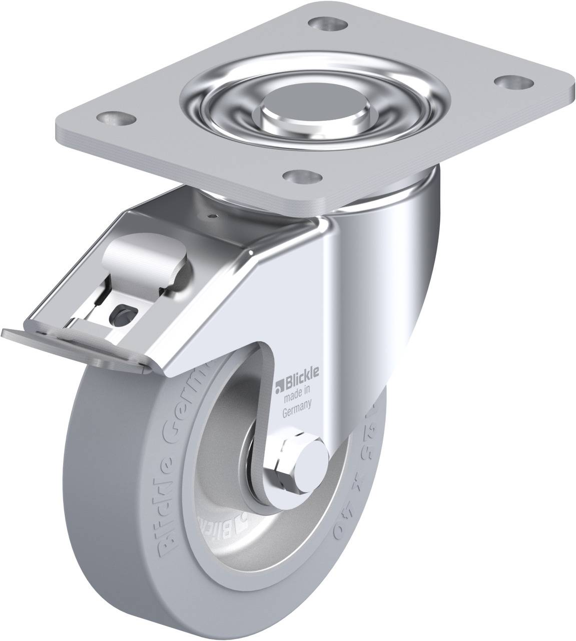 Ein Schwenkrollenrad aus Metall mit Befestigungsplatte, geeignet für industrielle Anwendungen. Auf der Radfläche steht 'Blickle'.