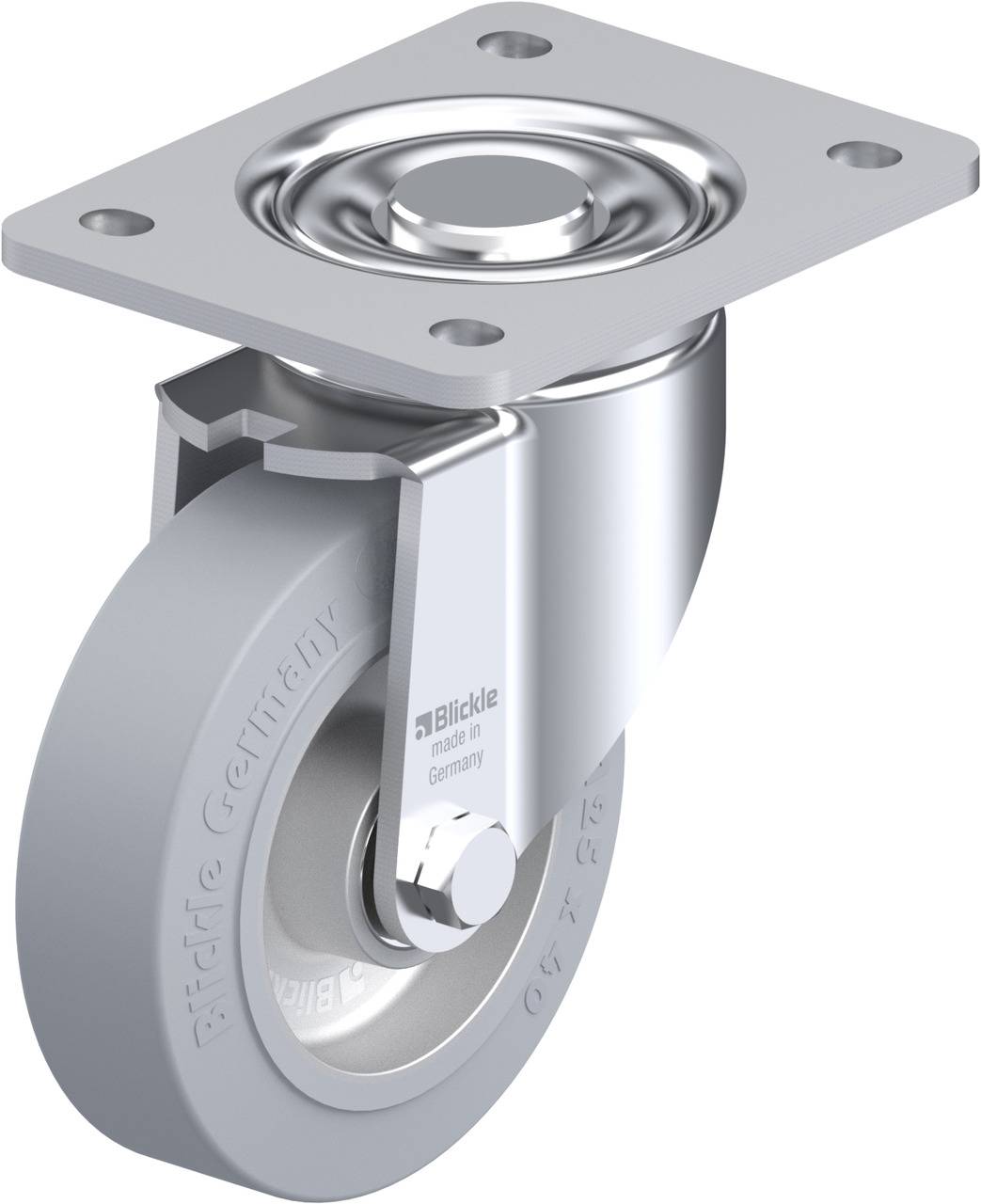 Graue Lenkrolle mit Befestigungsplatte und Kugellager, geeignet für verschiedene Transportanwendungen.