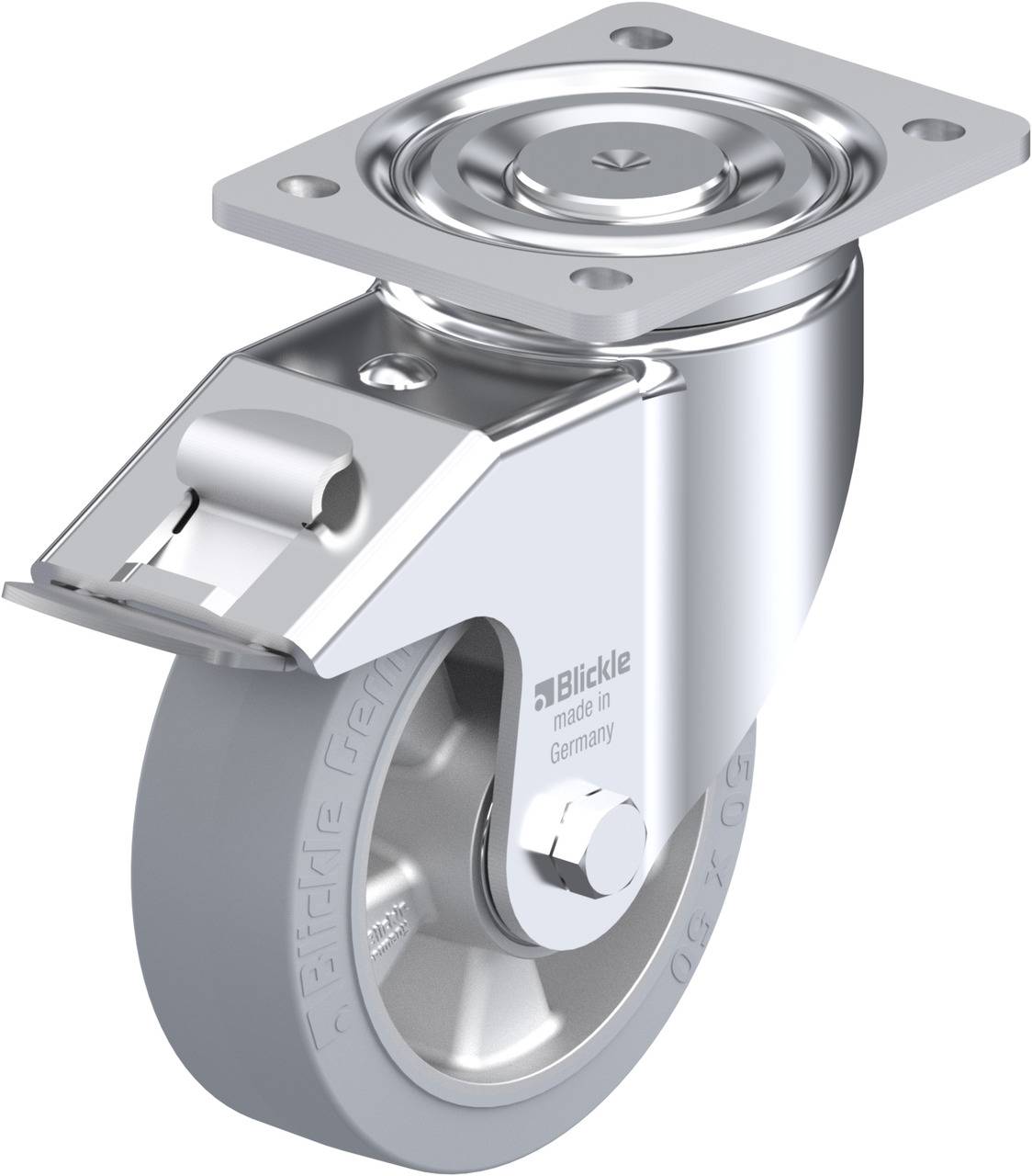 Metallisches Lenkrolle mit grauem Rad, Befestigungsplatte und Bock. Aufschrift 'Blickle made in Germany'.