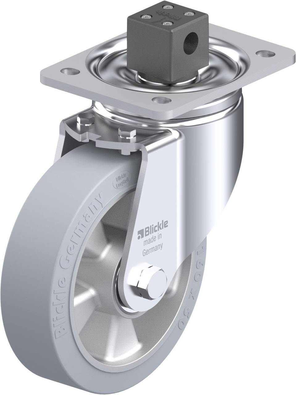 Schwenkrolle aus Metall mit grauem, gummierten Rad und Befestigungsplatte; Aufschrift 'Blickle - made in Germany'.