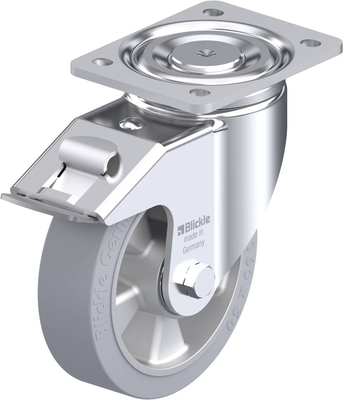 Eine drehbare Transportrolle aus Metall, montiert auf einer Platte, mit einer grauen Gummibereifung.