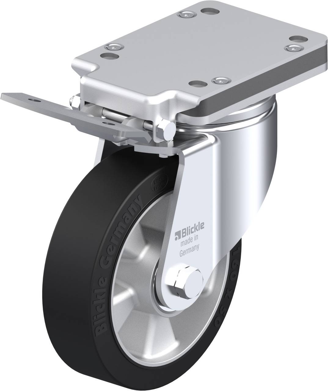 Lenkrolle mit silbernem Gehäuse und schwarzem Rad, seitlich montierte Platte mit Schraubenlöchern zur Befestigung.