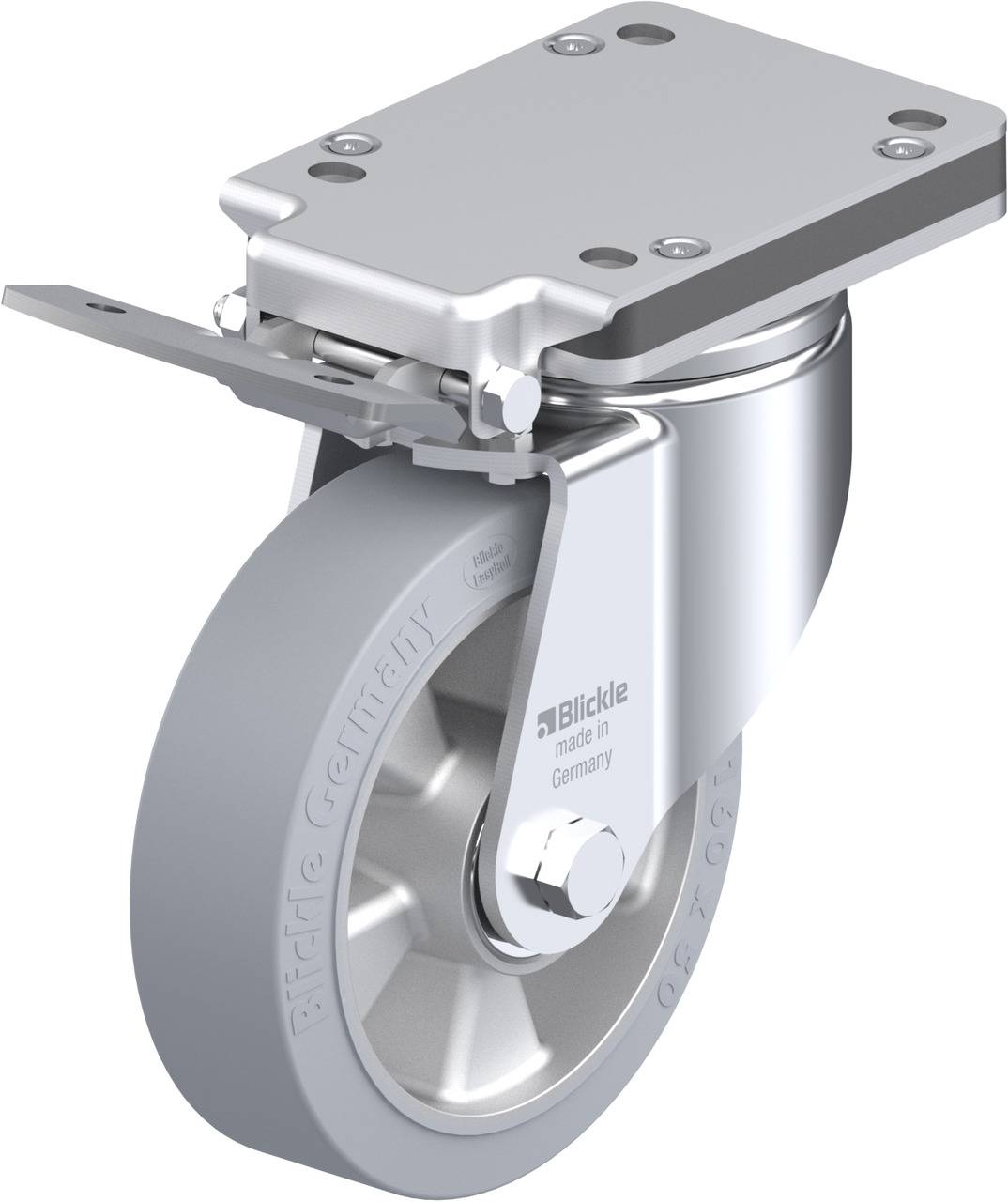 Schwenkrolle mit grauem Rad, Metallhalterung und Platte für Befestigung an einem Gerät oder Möbelstück. Markierung 'Blickle' auf Rad.