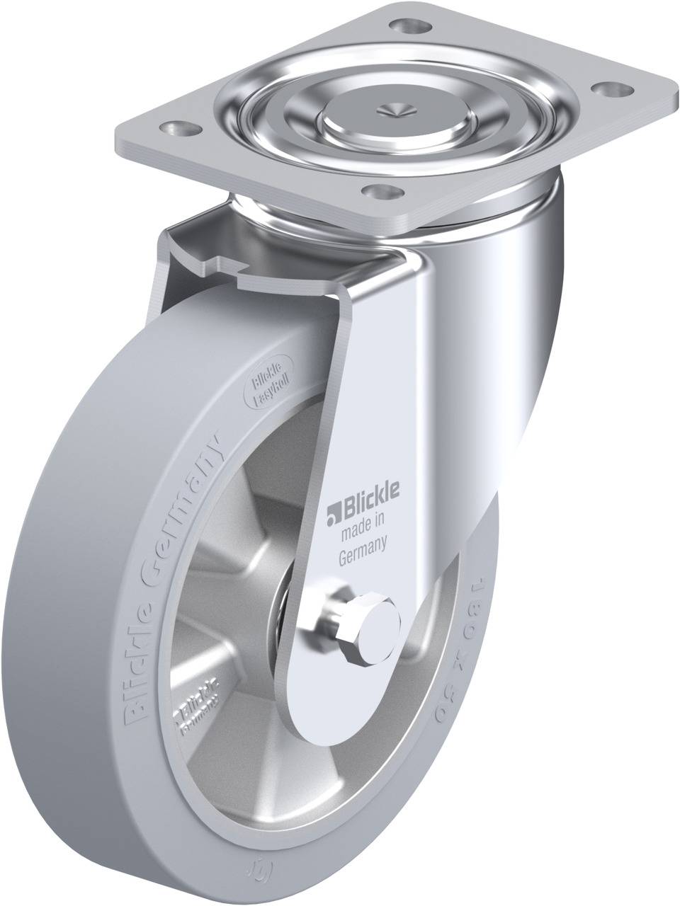 Ein silbernes Schwenkrollenrad mit grauem Gummi, geeignet für den Einsatz an Möbeln oder Geräten. Beschriftung 'made in Germany'.