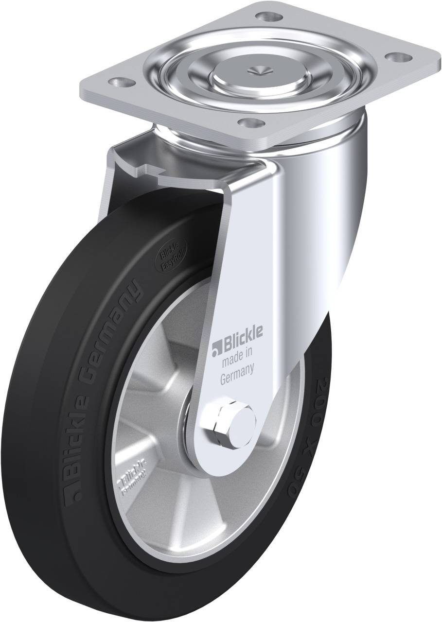 Lenkrolle mit Metallplatte und schwarzem Rad. Aufschrift 'Blickle made in Germany'. Geeignet für Möbel oder Industrieausrüstung.