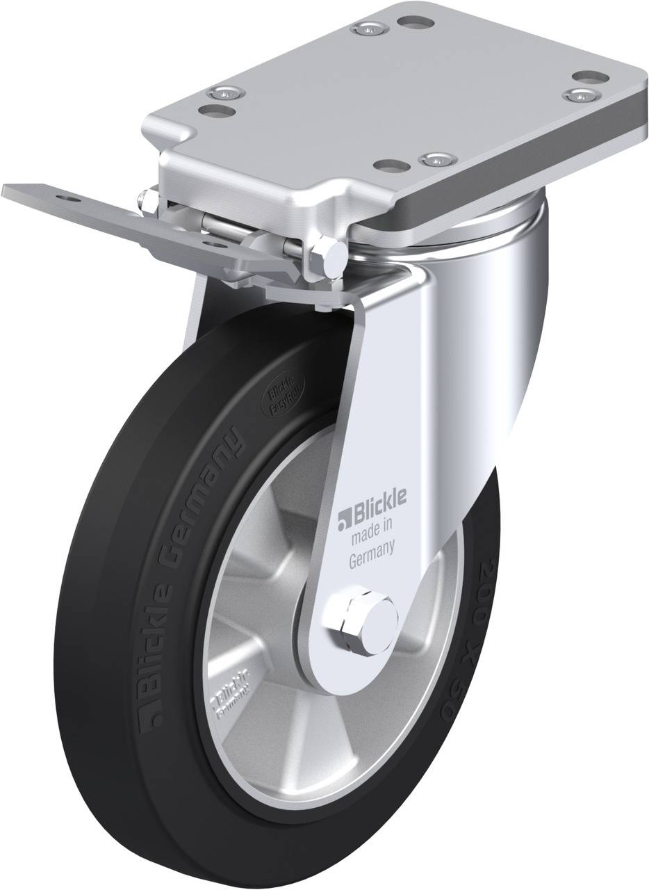 Schwenkrolle aus Metall mit schwarzem Gummirad, hergestellt von 'Blickle Germany'. Geeignet für schwere Lasten und Mobilität.