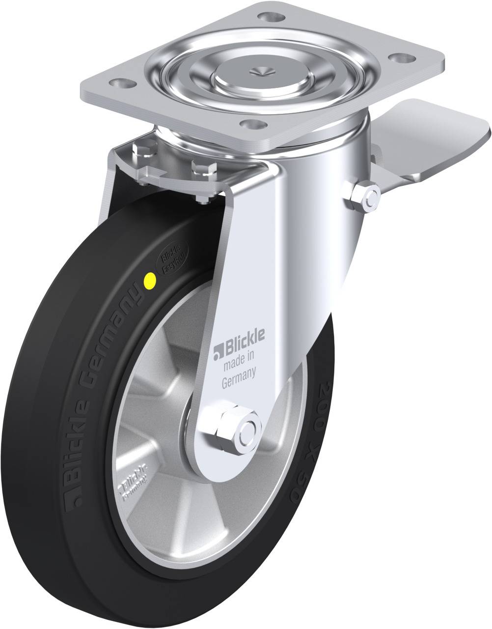 Industrielle Lenkrolle mit Bremse, silbernes Gehäuse, schwarzes Rad, Aufschrift 'Blickle made in Germany'.