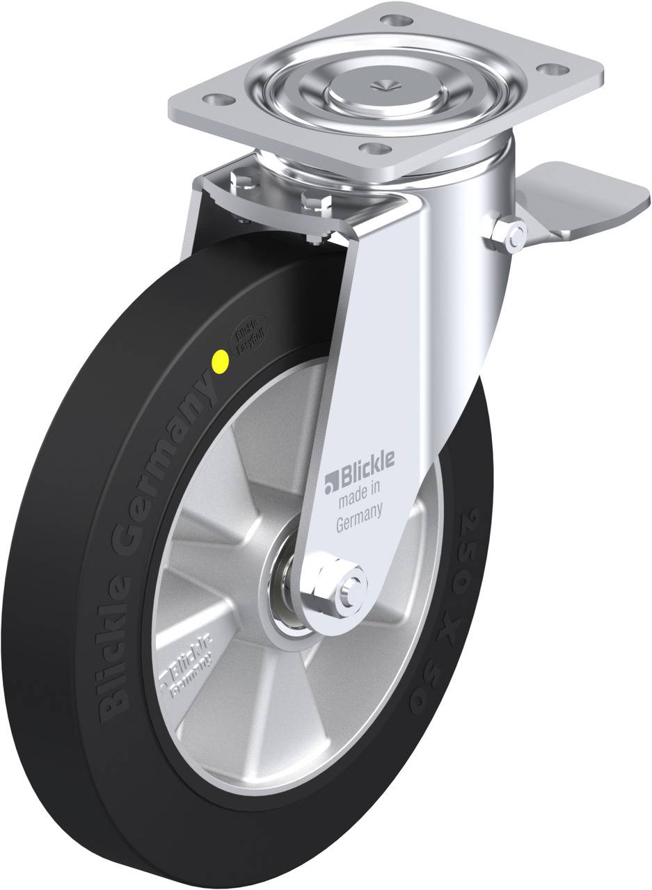Lenkrolle aus Metall mit schwarzem Rad und Platte zur Befestigung. Text 'Blickle made in Germany' auf der Seite des Rades.