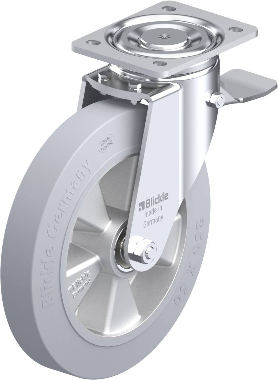 Ein graues Schwerlast-Lenkrolle mit Metallgehäuse, Kugellager und Feststellbremse. Hergestellt in Deutschland von Blickle.