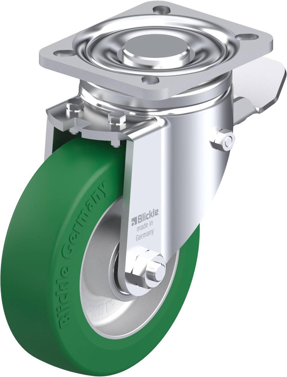 Metall-Lenkrolle mit grünem Rad, verwendet in Industrieanwendungen für Mobilität und Lastenhandling. Herstellermarke 'Blickle'.
