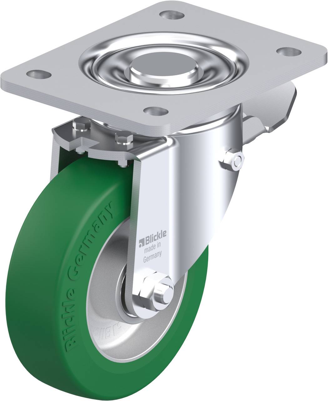 Rolle mit grünem, gummibereiftem Rad und Metallhalterung, geeignet für Möbelfüße oder Industrieanwendungen. Markiert mit 'Blickle Germany'.