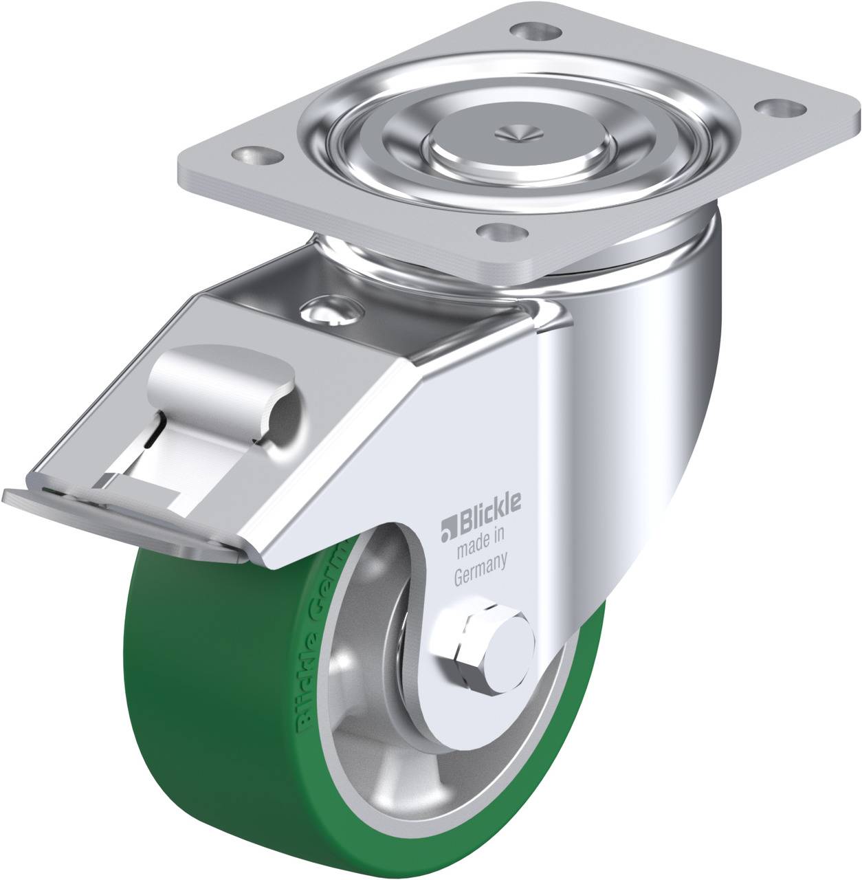 Industrie-Lenkrolle mit grüner Gummilauffläche und silbernem Gehäuse, geeignet für den Einsatz an Möbeln oder Transportgeräten.