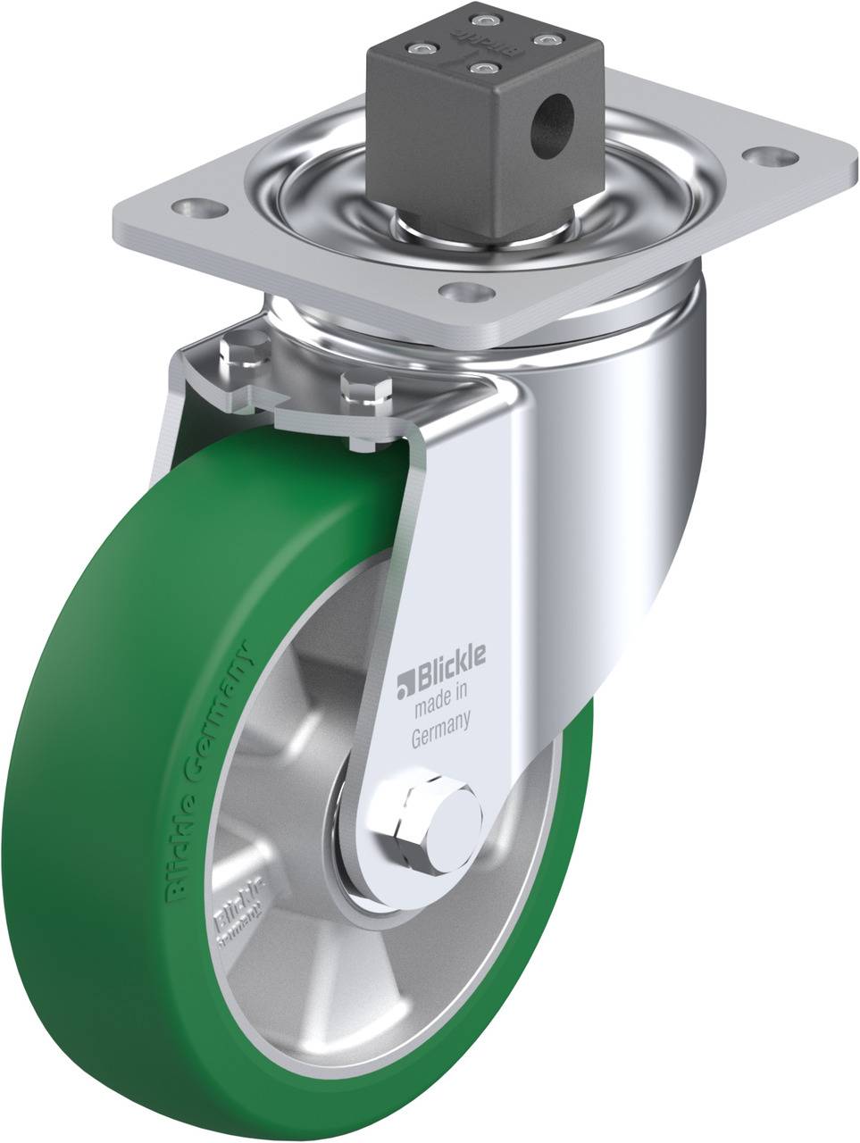 Schwenkrolle aus Metall mit grünem Gummireifen, hergestellt in Deutschland von Blickle. Geeignet für Industrieanwendungen.
