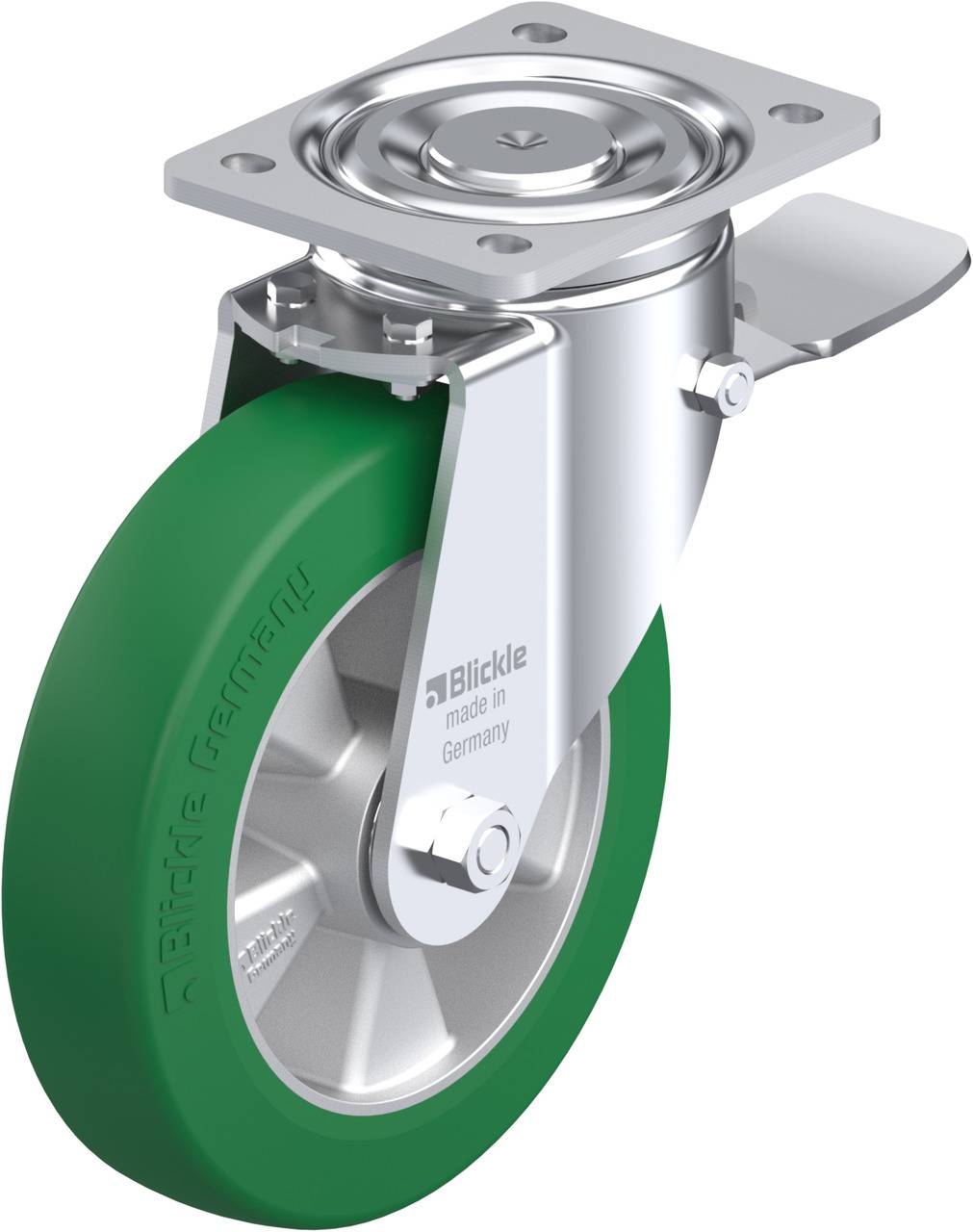 Lenkrolle mit grünem Rad. Metallhalterung mit Befestigungsplatte, hergestellt in Deutschland.