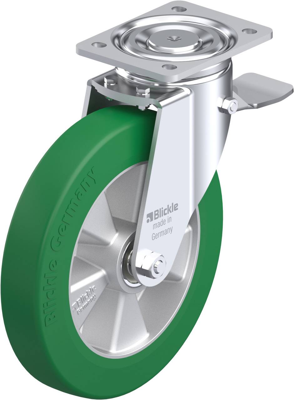 Ein grünes Bockrollenrad aus Edelstahl mit Befestigungsplatte, geeignet für Industrieanwendungen, hergestellt in Deutschland.