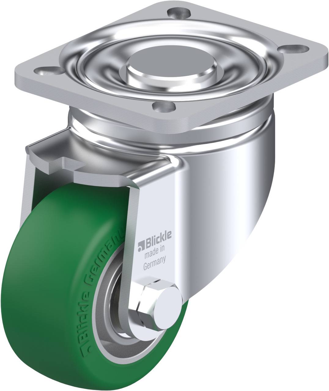 Rolle aus Metall mit grünem Rad, geeignet für schwere Lasten. Beschriftet mit 'Blickle made in Germany'.