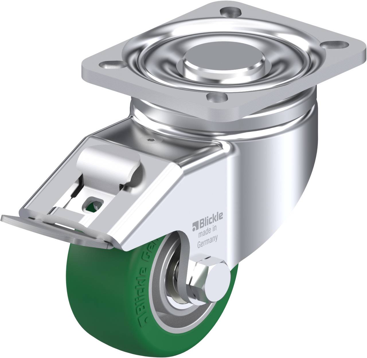 Ein drehbares Bockrad mit grünem Rad und Metallgehäuse, hergestellt von Blickle in Deutschland, zeigt eine robuste Rollenhalterung.