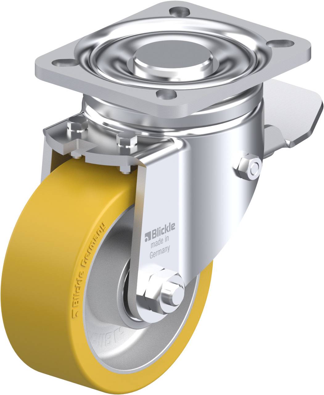 Industrie-Rollenlager mit gelbem Rad und Metallgehäuse, Markenname sichtbar. Geeignet für schwere Lasten oder industrielle Anwendungen.