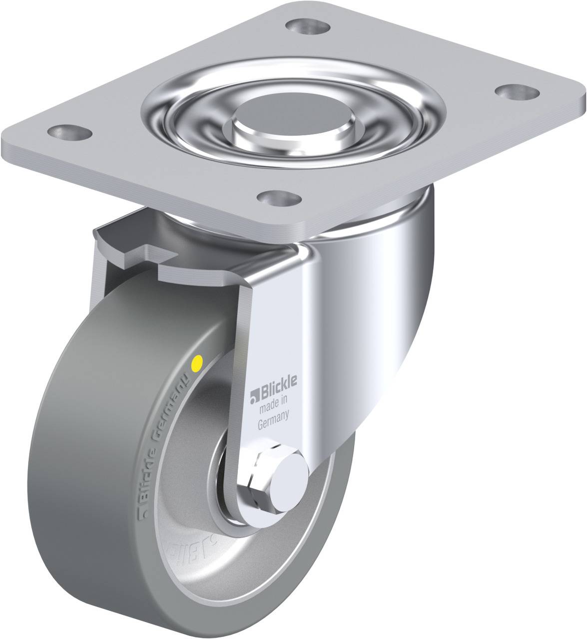 Metallisches Lenkrollenrad mit grauem Gummi, befestigt an einer rechteckigen Metallplatte.