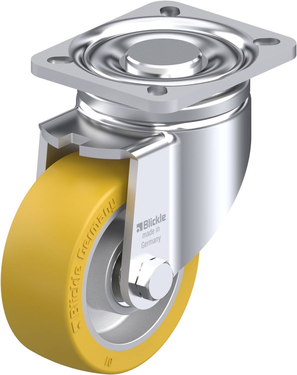 Ein Lenkrolle mit gelbem Rad und silbernem Gehäuse, hergestellt von Blickle in Deutschland, geeignet für Lastentransport.